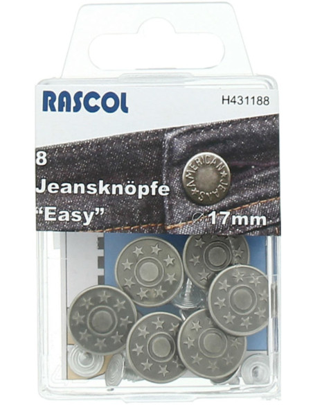 Caixa de 8 botões jeans 17mm Rascol - Prata fosca estrelas