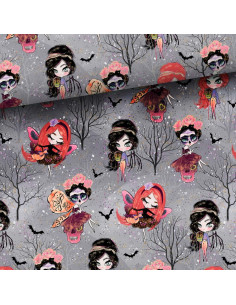 Tecido moletom - Fadas de Halloween fundo cinza