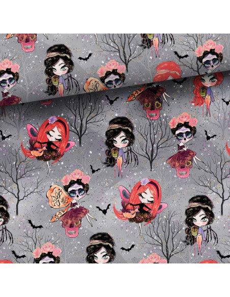 Tecido moletom - Fadas de Halloween fundo cinza