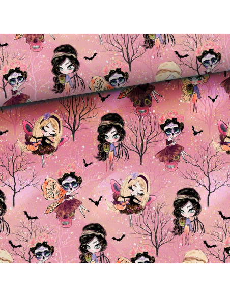 Tecido moletom - Fadas de Halloween fundo rosa