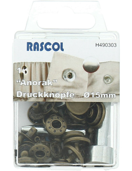 Caixa de 10 botões de pressão anorak Rascol - 15 mm bronze