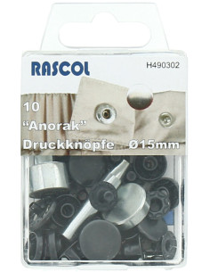 Caixa de 10 botões de pressão anorak Rascol - 15 mm preto