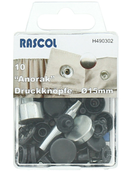 Caixa de 10 botões de pressão anorak Rascol - 15 mm preto