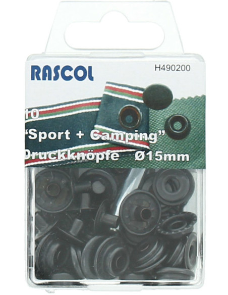 Caixa de 10 botões de pressão esporte camping Rascol - 15 mm preto