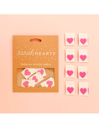 Conjunto de 8 etiquetas tecidas - Coração rosa
