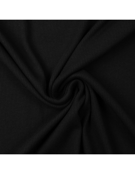 Tecido jersey de algodão malha fina canelada - Preto