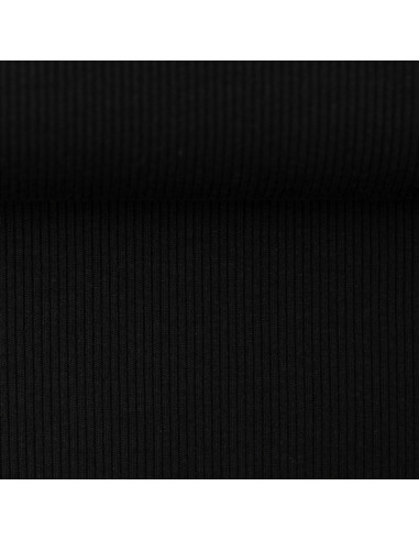 Tecido jersey de algodão malha fina canelada - Preto
