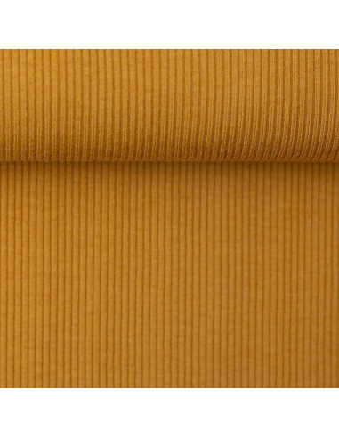 Tecido jersey de algodão malha fina canelada - Amarelo ocre