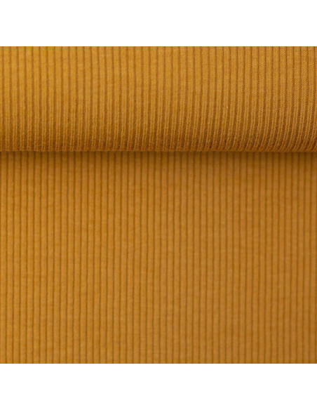 Tecido jersey de algodão malha fina canelada - Amarelo ocre