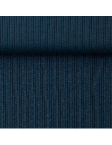 Tecido jersey de algodão malha fina canelada - Azul petróleo
