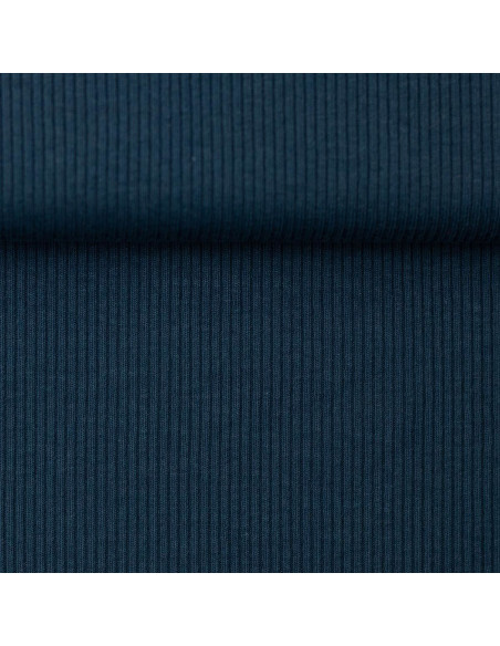 Tecido jersey de algodão malha fina canelada - Azul petróleo
