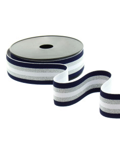 Elástico fantasia lurex listrado azul-marinho, branco e prata 40 mm