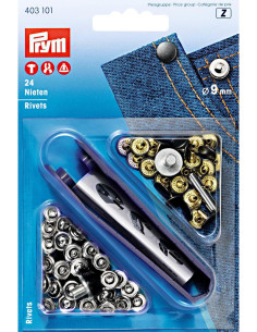 Caixa de 24 rebites de 9 mm com ferramenta - Prata e Preto