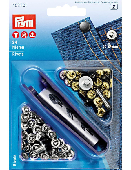 Caixa de 24 rebites de 9 mm com ferramenta - Prata e Preto
