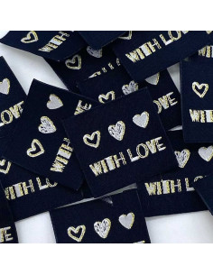 Conjunto de 5 etiquetas tecidas para costurar With Love lurex