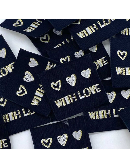 Conjunto de 5 etiquetas tecidas para costurar With Love lurex