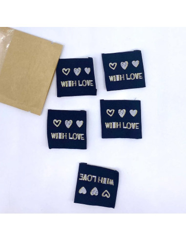 Conjunto de 5 etiquetas tecidas para costurar With Love lurex