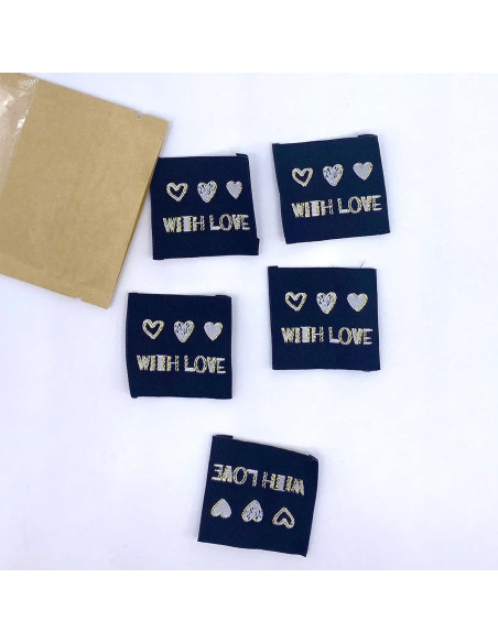 Conjunto de 5 etiquetas tecidas para costurar With Love lurex