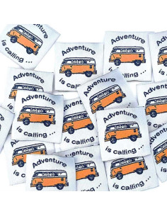 Conjunto de 5 etiquetas tecidas para costurar Adventure is Calling