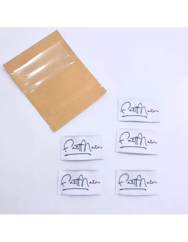 Conjunto de 5 etiquetas tecidas para costurar Feito à mão - Azul marinho e branco
