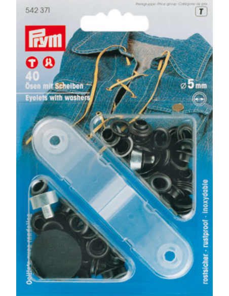 Caixa com 40 ilhós de 5 mm com ferramenta de aplicação - Preto