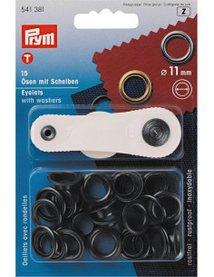 Caixa de 15 ilhós de 11 mm com ferramenta de aplicação - Preto
