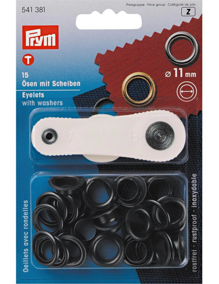 Caixa de 15 ilhós de 11 mm com ferramenta de aplicação - Preto