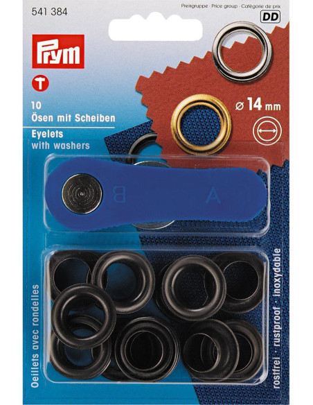 Caixa com 10 ilhós de 14 mm com ferramenta de aplicação - Preto