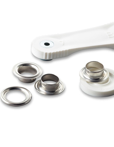 Caixa com 10 ilhós de 14 mm com ferramenta de aplicação - Prata