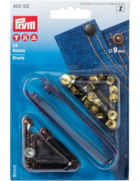 Caixa de 24 rebites de 9 mm com ferramenta - Bronze e Cobre