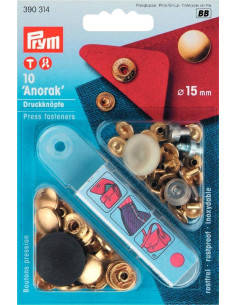 Caixa de 10 botões de pressão anorak Ouro com ferramenta 15 mm