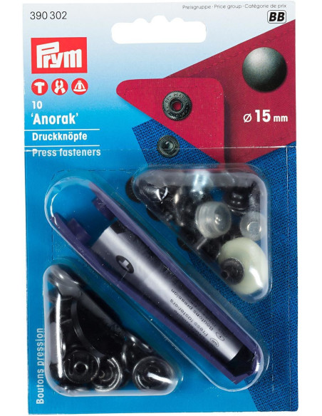 Caixa de 10 botões de pressão anorak Bruni com ferramenta 15 mm
