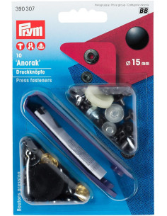 Caixa de 10 botões de pressão anorak Preto com ferramenta 15 mm