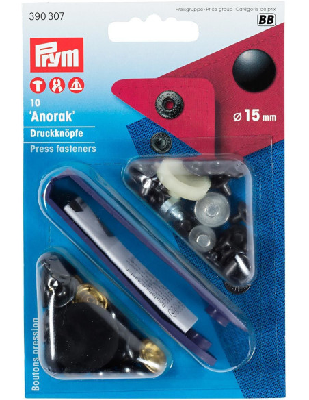 Caixa de 10 botões de pressão anorak Preto com ferramenta 15 mm