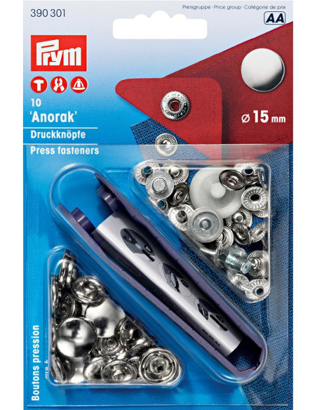 Caixa de 10 botões de pressão anorak Prata com ferramenta 15 mm