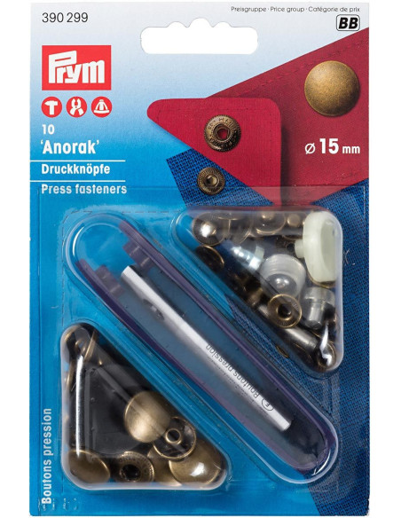 Caixa de 10 botões de pressão anorak Latão com ferramenta 15 mm