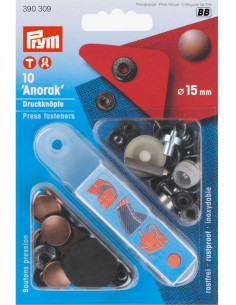 Caixa de 10 botões de pressão anorak Cobre antigo com ferramenta 15 mm