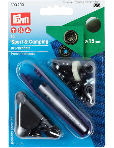 Caixa de 10 botões de pressão esporte camping Preto com ferramenta 15 mm