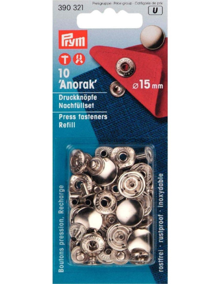 Recarga de 10 botões de pressão anorak 15 mm Prata