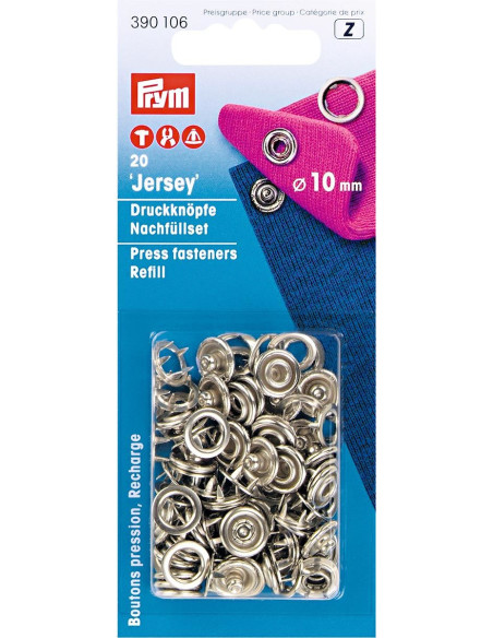 Recarga de 20 botões de pressão jersey 10 mm Prata