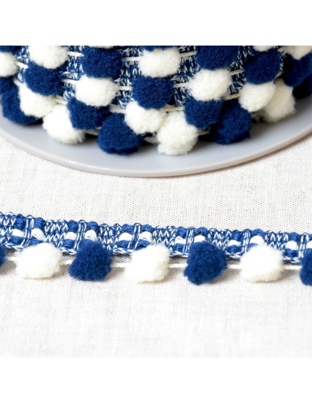 Galão com grandes pompons bicolores - Azul marinho e cru