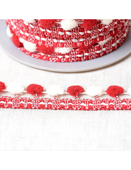 Galão com grandes pompons bicolores - Vermelho e cru