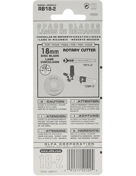 2 lâminas de reposição para cortador Olfa - 18 mm