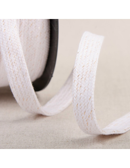 Cordão trançado plano lurex - Branco e dourado