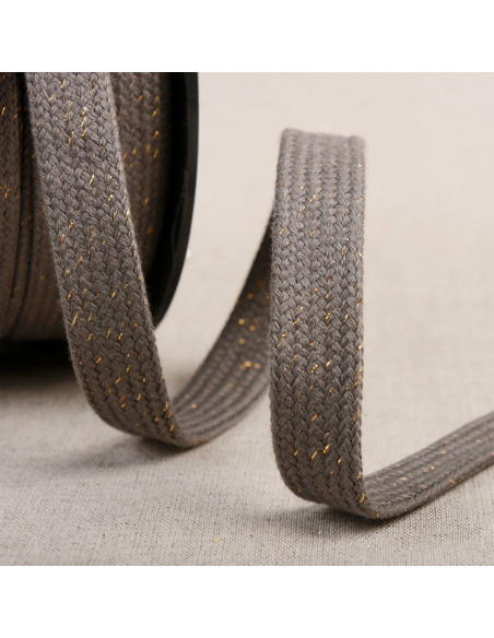 Cordão trançado plano lurex - Cinza e dourado