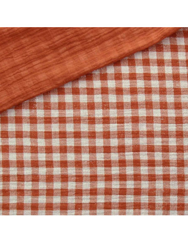 Tecido de gaze dupla franzida vichy - Conhaque e branco sujo