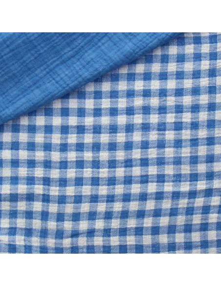 Tecido de gaze dupla plissada vichy - Azul celeste e branco sujo