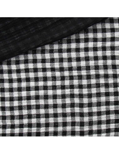 Tecido de gaze dupla plissada vichy - Preto e branco quebrado