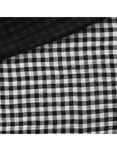 Tecido de gaze dupla plissada vichy - Preto e branco quebrado