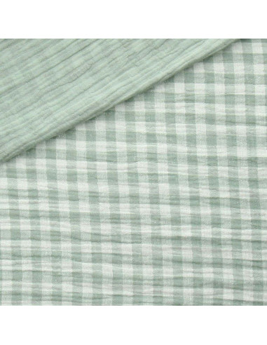 Tecido de gaze dupla plissada xadrez - Verde acinzentado e branco sujo